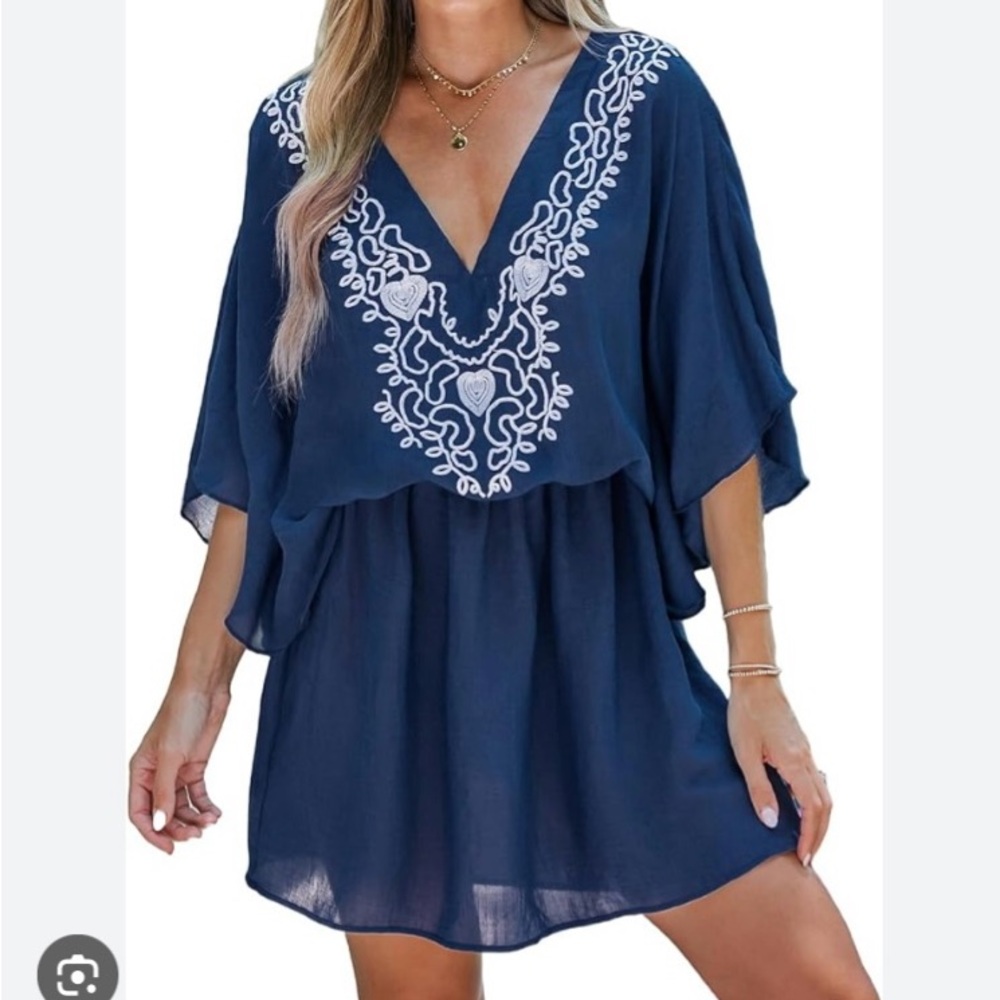 CUPSHE Women Embroidered V-Neck Cover-Up Mini Dress navy